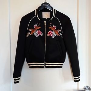 Maje Black bomber with tiger and flowers embroidered